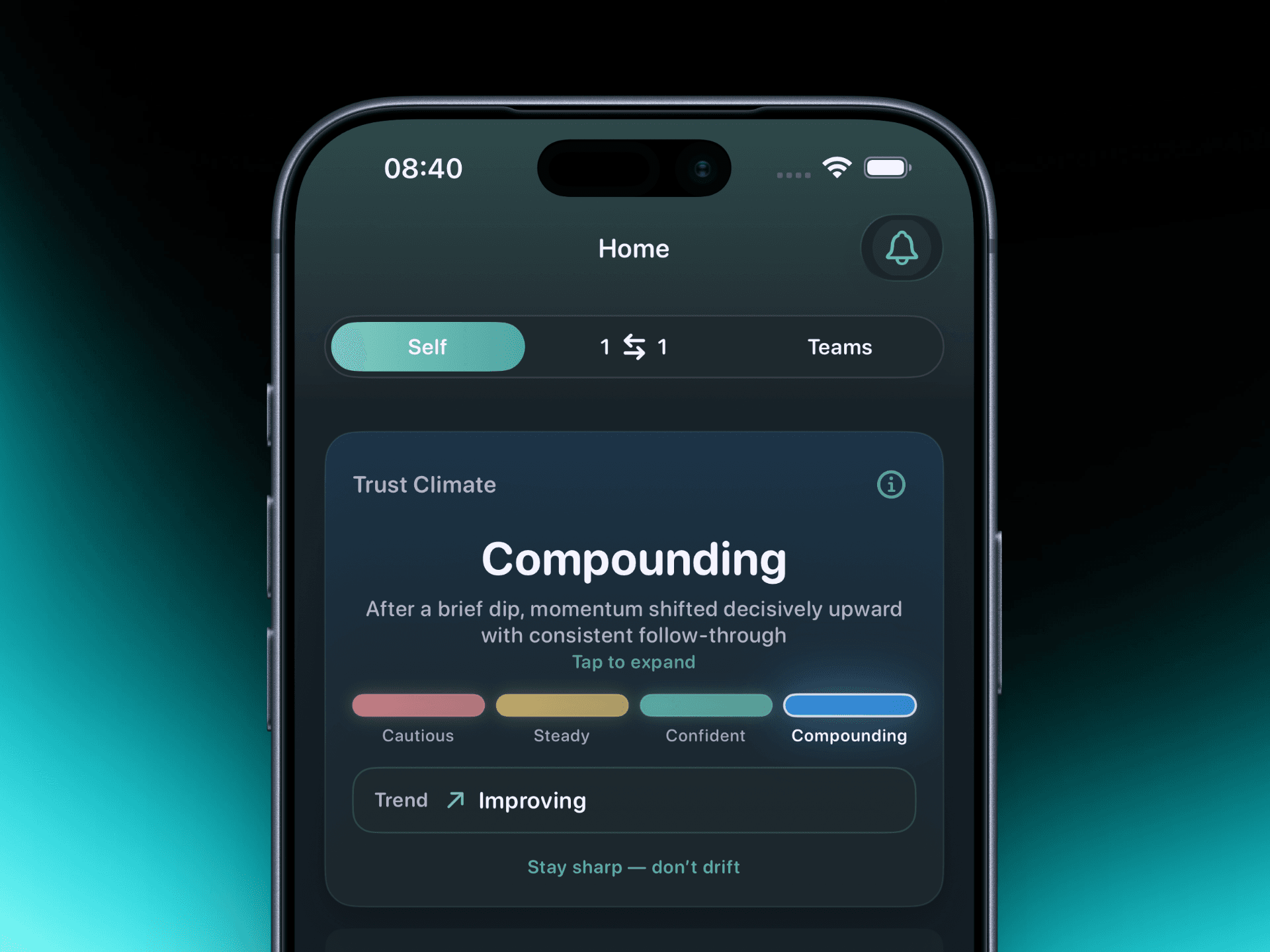 TrustLoop app showing Trust Climate: Compounding